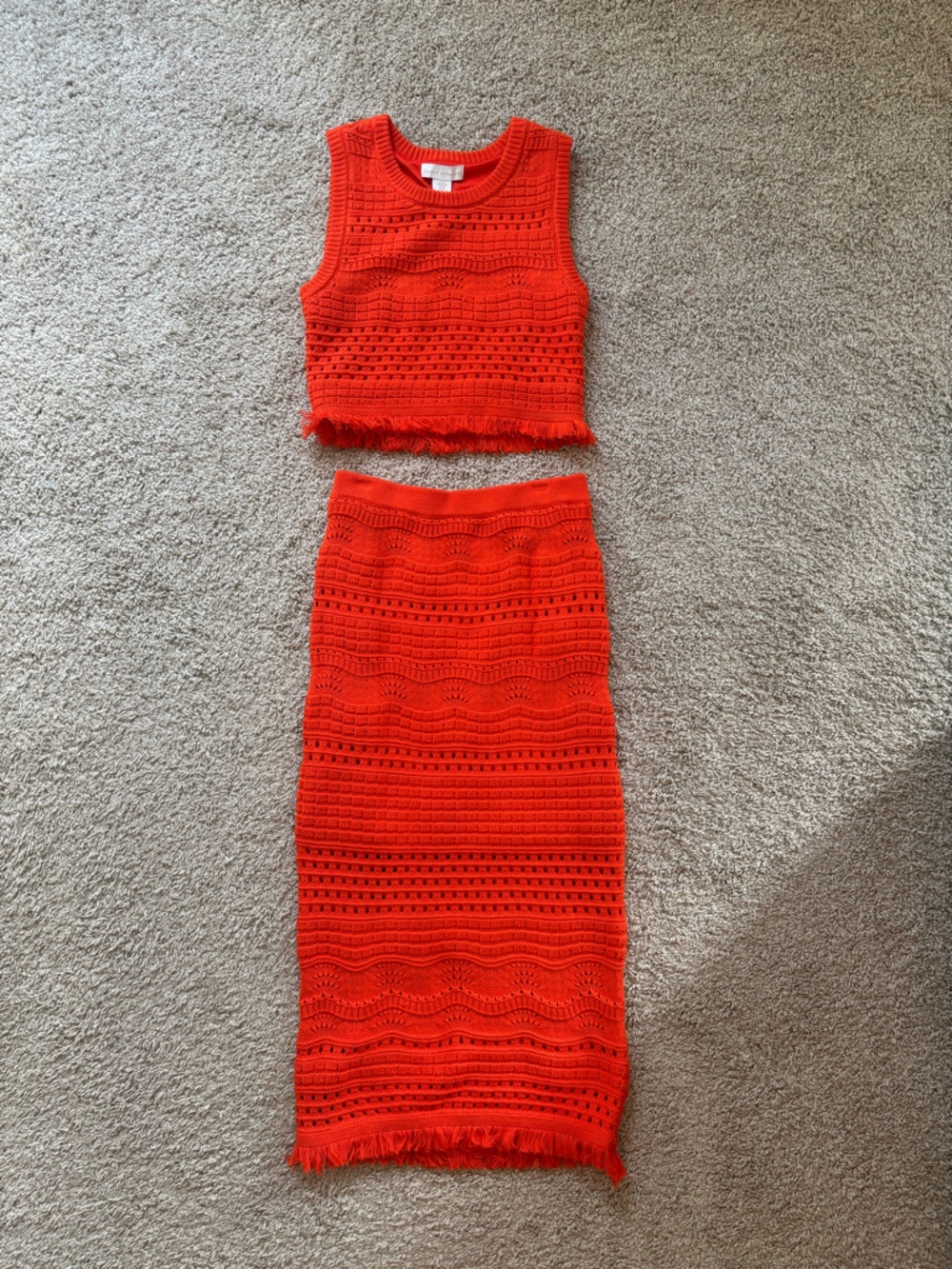 House of Harlow 1960 Vibrant Orange Crochet Knit Top & Midi Skirt Set